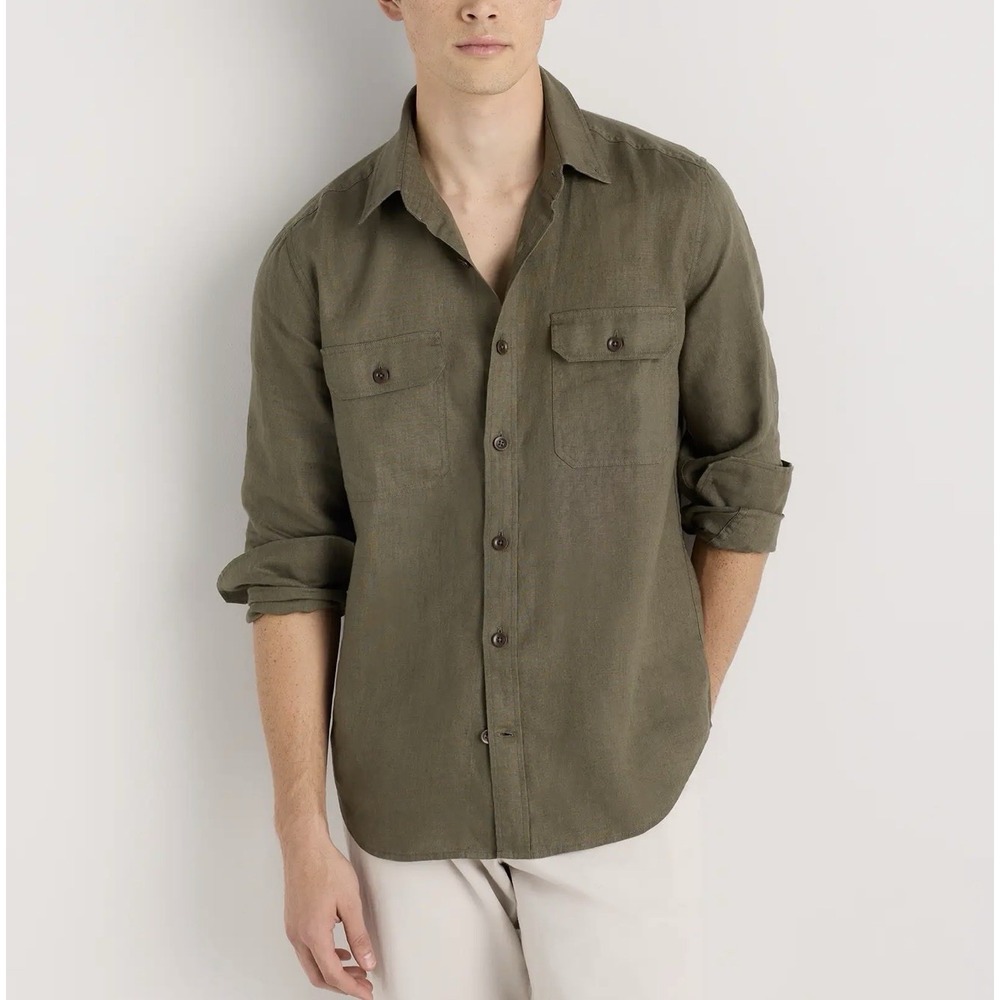 NWT Quince Utility Shirt Mens L Olive European Linen Long Sleeve Button Up